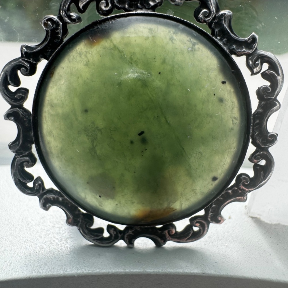 Vintage Nephrite Green Jade Brooch Silver 900  ORNATE Filigree Oval Pin 1930's